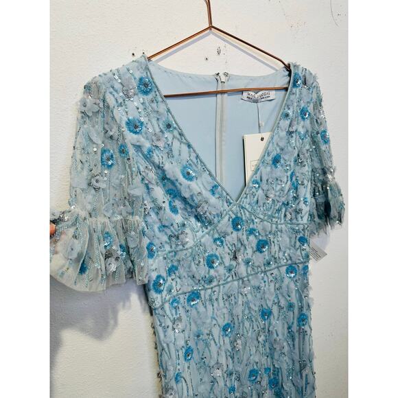 NWT MAC DUGGAL Powder Blue Embellished V-Neck Empire Waist Ruffle Hem Gown 6 - Picture 7 of 14